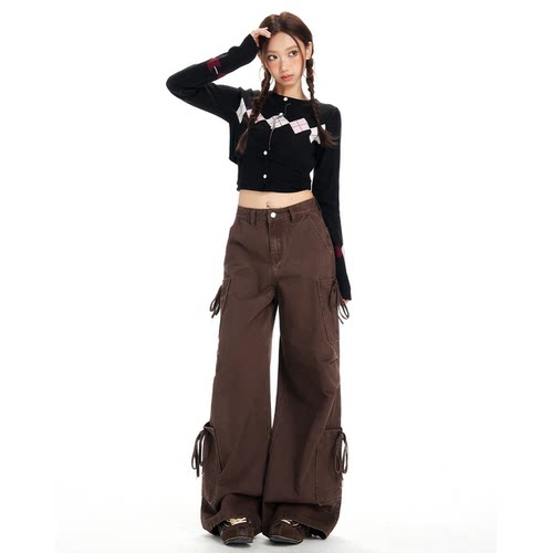 复古多口袋绑带牛仔裤