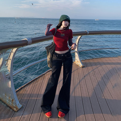 VWYZ丹尼蓝复古辣妹低腰牛仔裤2024秋冬新款宽松阔腿拖地喇叭裤子