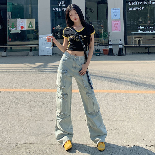 VWYZ美式高街多口袋工装牛仔裤女秋冬设计感直筒裤小个子拖地裤