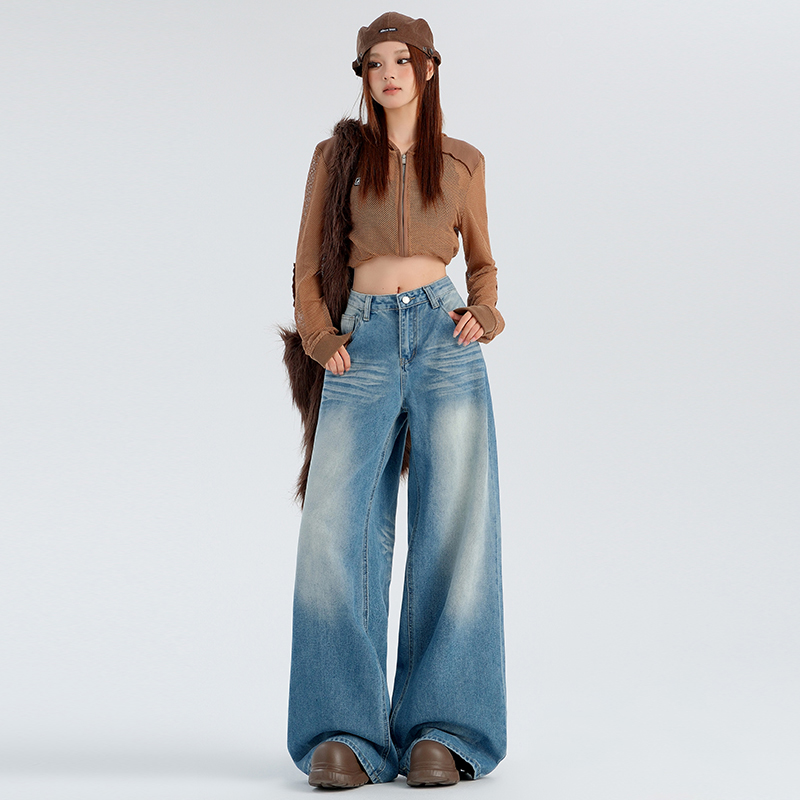 水洗复古阔腿牛仔裤女2024夏季新款