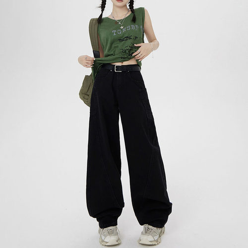 VWYZ美式复古高腰宽松阔腿裤2024秋季百搭显瘦镰刀裤牛仔裤女潮