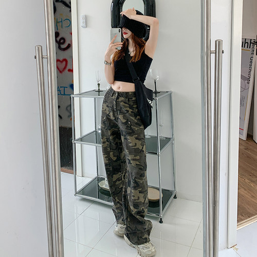 美式工装迷彩阔腿牛仔裤女