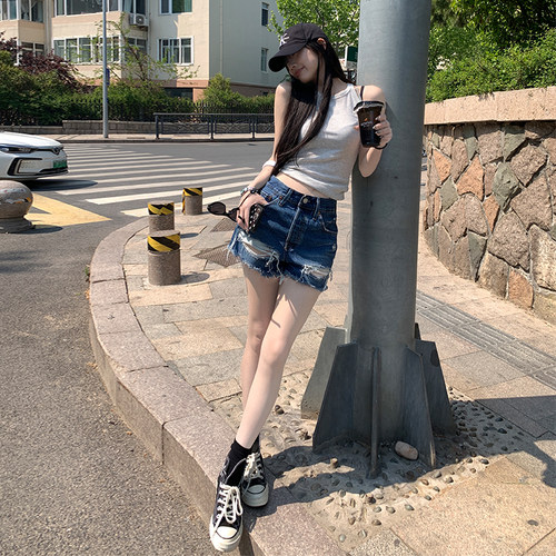 美式磨白毛边牛仔短裤