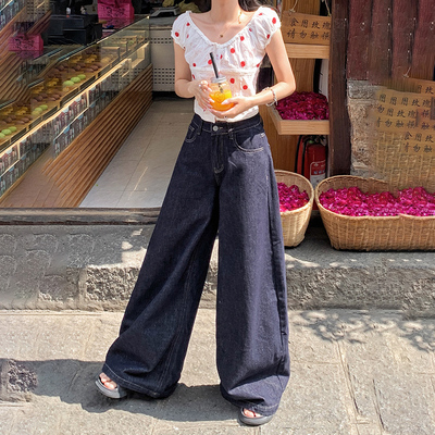 VWYZ复古深蓝高腰宽松阔腿裤2024年新款清凉垂感百搭直筒牛仔裤女