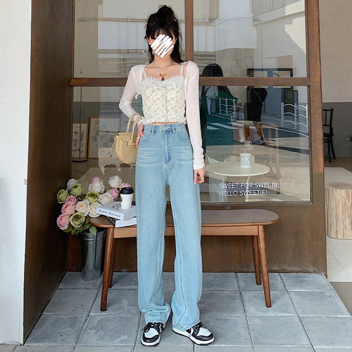 春装新款宽松阔腿拖地牛仔裤