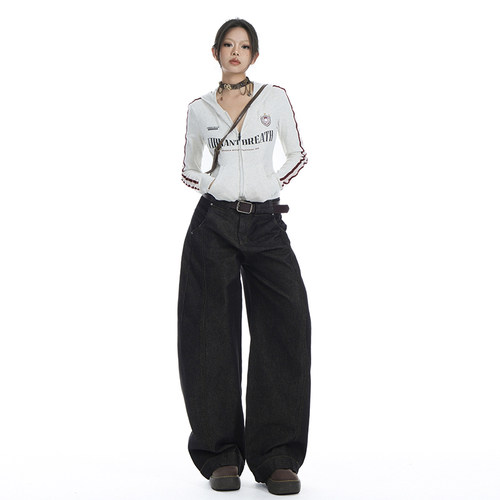 VWYZ2025年春季阔腿裤新款美式复古宽松直筒牛仔裤女拖地长裤子