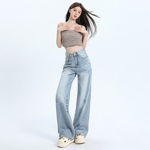 美式不贴腿小个子拖地直筒裤