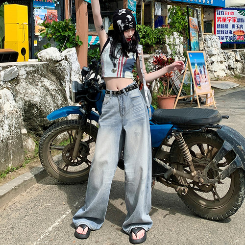VWYZ2024新款牛仔阔腿裤女高腰显瘦直筒裤美式辣妹设计感拖地长裤
