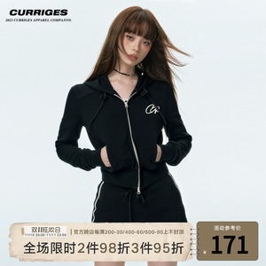Curriges 秋季休闲运动开衫长袖连帽修身卫衣半身裙短裙两件套女