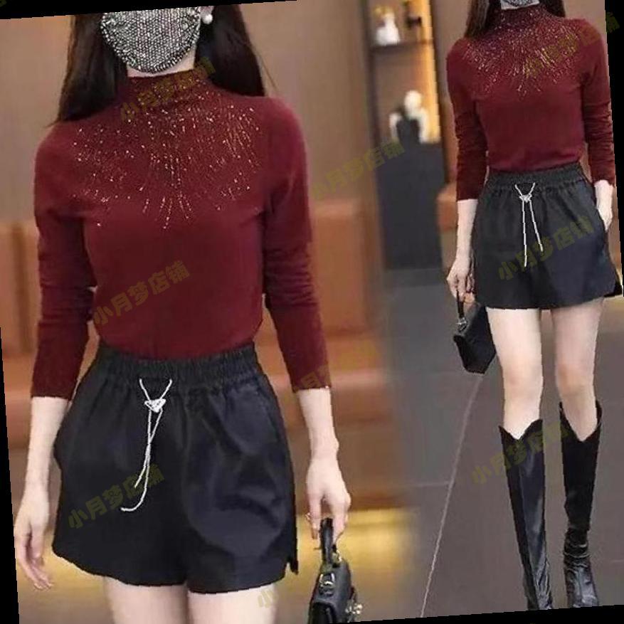 半高领长袖打底衫女秋冬2025新款枣红色上衣高级感烫钻修身打底衣