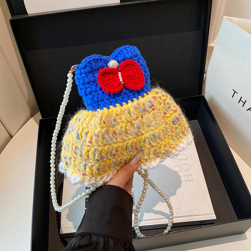 2025秋冬新款毛线钩织蝴蝶结撞色手机包女可爱卡通百搭斜挎包礼物