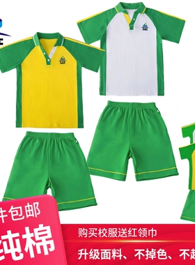 广州番禺区小学公立校服夏季运动服番禺教育纯棉短袖绿色短裤套装