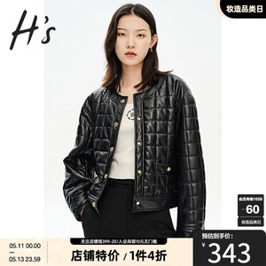 HS奥莱2023秋季新款女装商场同款黑色简约蛋白皮绗缝潮酷外套棉衣