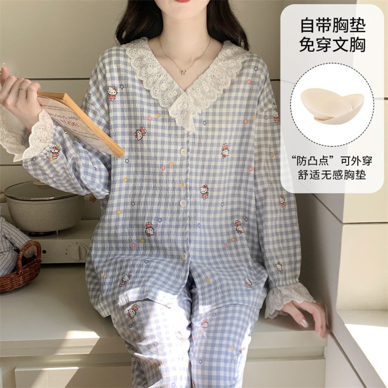 日系CherryKoko2026年秋冬季V领开衫蕾丝花边睡衣女带胸垫长袖