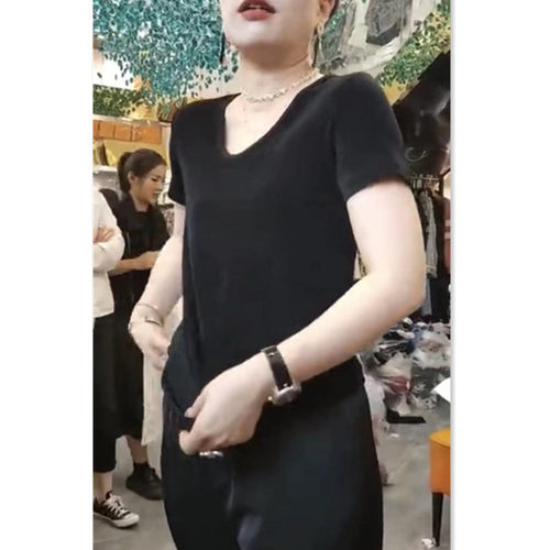 法国cherrykoko春夏季新款时尚黑色打底衫v领短袖修身t恤上衣