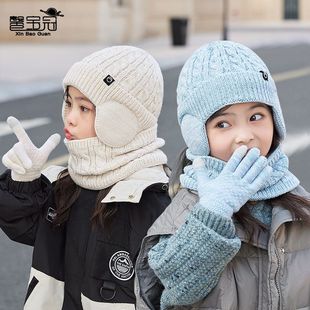 套户外保暖头帽三件套毛线帽女孩防寒针织加绒男儿童帽子 护耳冬季