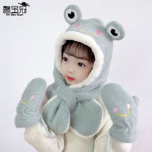 2102手套儿童保暖男头帽套一体青蛙可爱 帽子三件套女宝宝围巾冬季