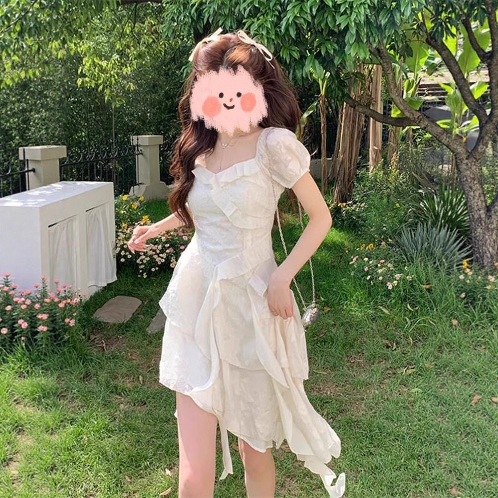 超仙荷叶不规则连衣裙女