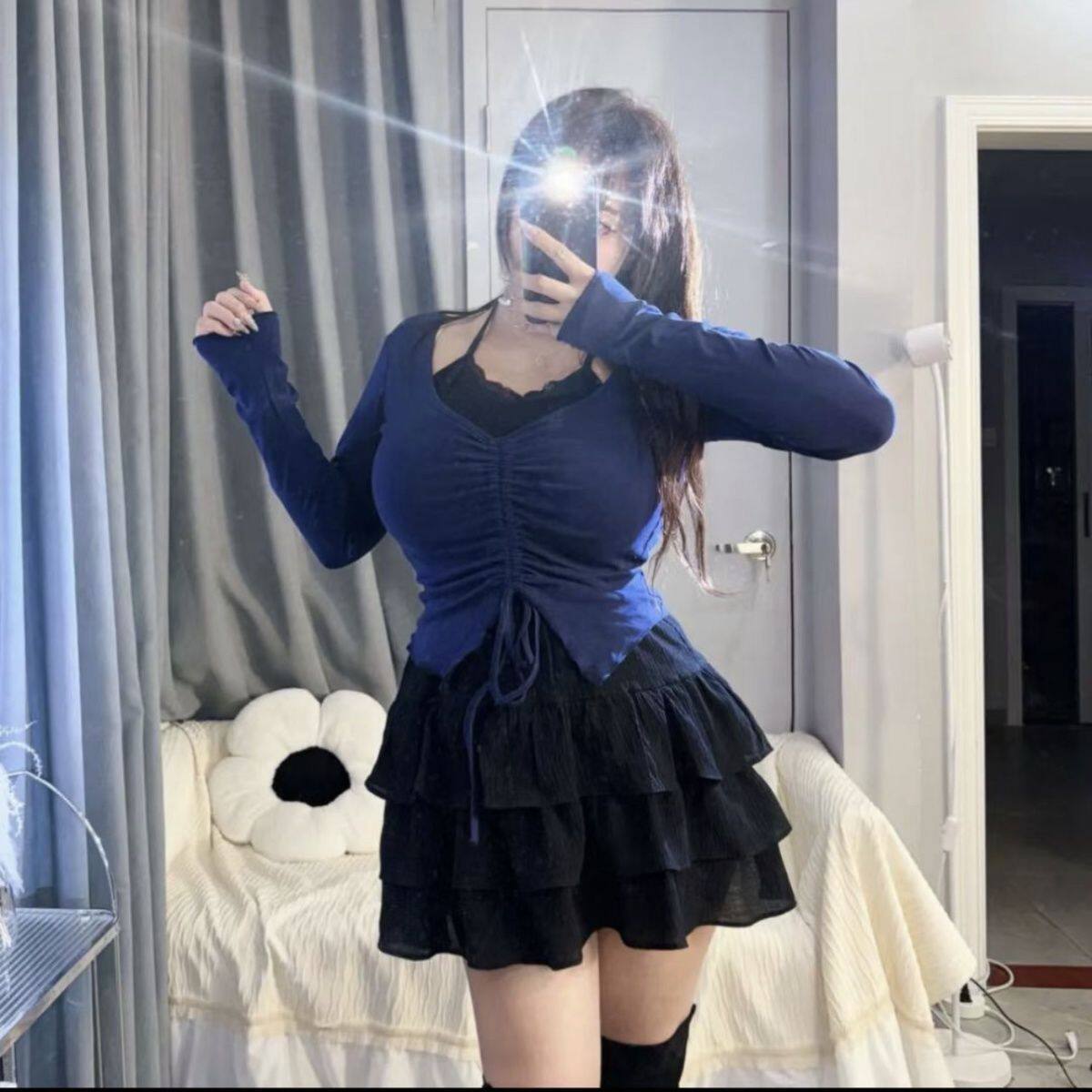 大码微胖纯欲套装女秋冬胖mm显瘦抽绳吊带挂脖上衣+半身裙两件套