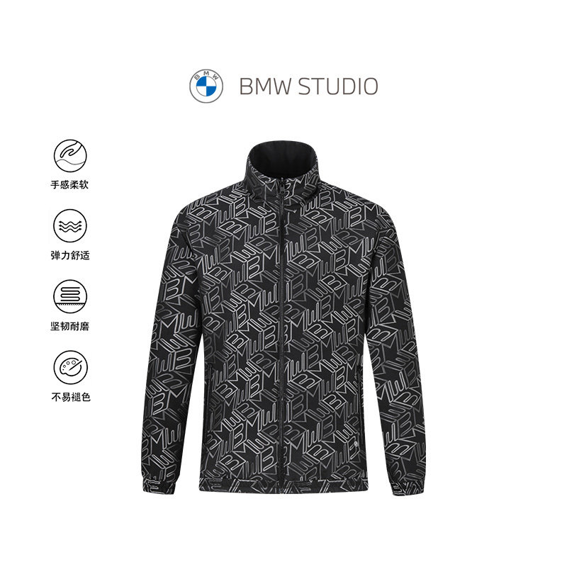 BMW STUDIO宝马男装秋冬季休闲时尚柔弹黑色提花外套常规裥棉夹克