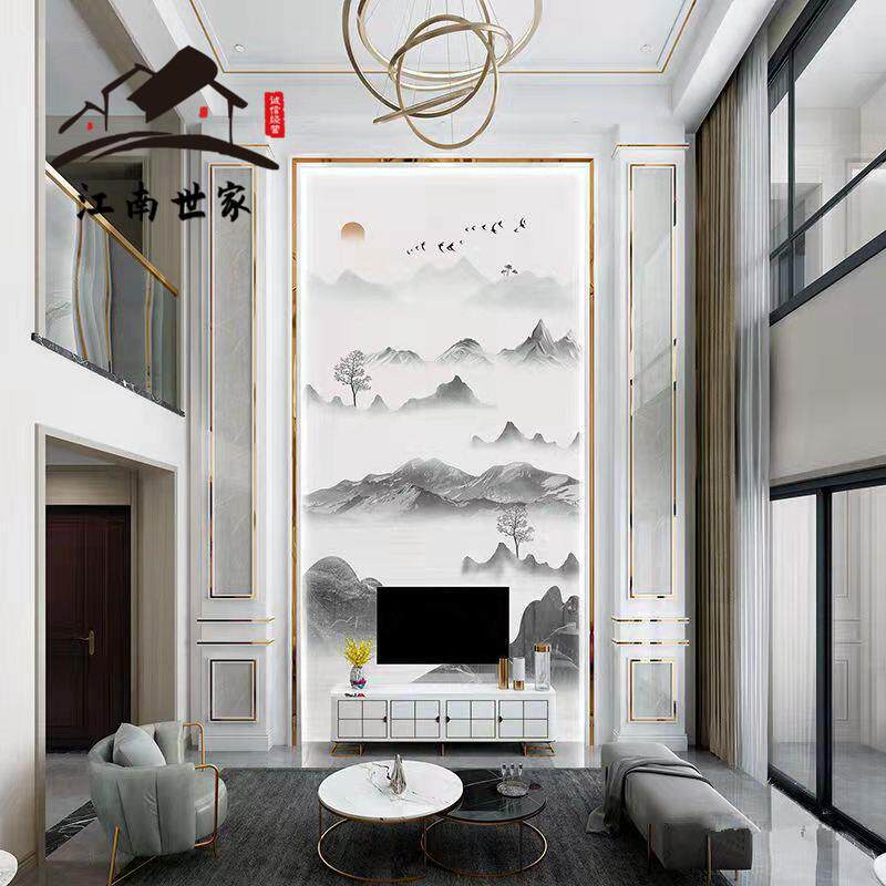 别墅岩板电视背景墙瓷砖2023楼中楼中空复式楼大理石客厅挑空玄关