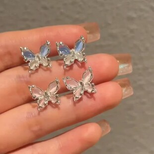 初恋氛围~蓝色猫眼石蝴蝶耳钉女925银针高级感耳环甜美气质耳饰品