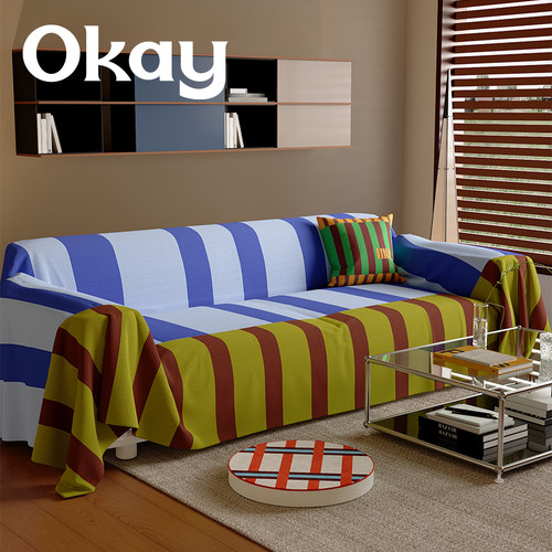 okay复古条纹 沙发巾四季通用韩系全包式沙发盖布套罩ins简约百搭