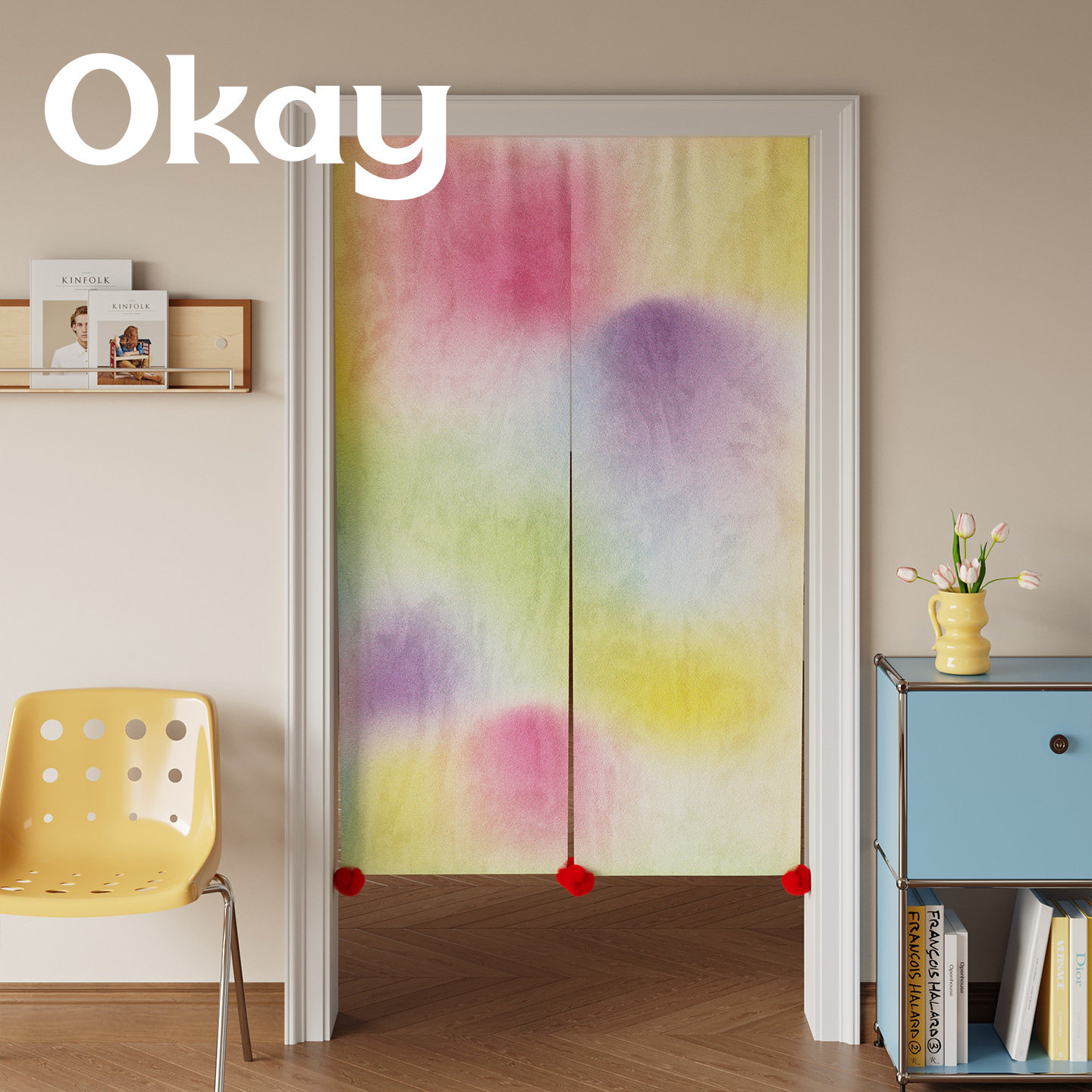 okay虹雾漫叠门帘韩系毛球遮挡帘厨房防油烟半开卧室免打孔隔断帘