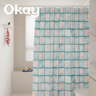 okay清梦水蓝浴帘韩系防水卫生间隔断挂布帘韩系淋浴间免打孔门帘
