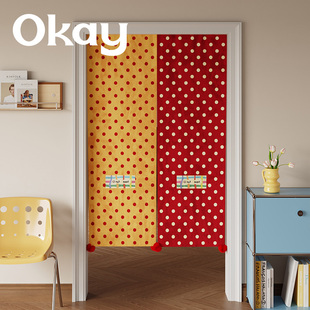 okay复古波点门帘韩系毛球遮挡帘厨房防油烟半开卧室免打孔隔断帘
