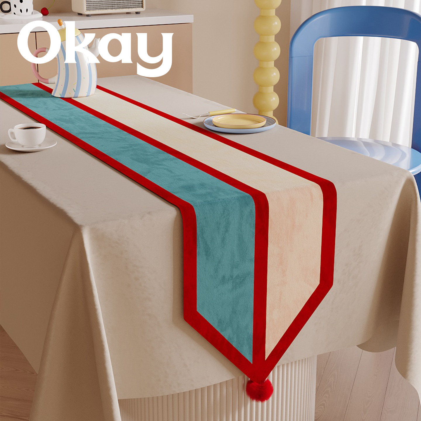 撞色拼贴韩系桌旗高级感茶几桌布长条餐桌桌旗布电视柜防尘盖布巾,居家布艺,桌旗,淘宝优惠券,粉丝福利购,淘宝优惠卷