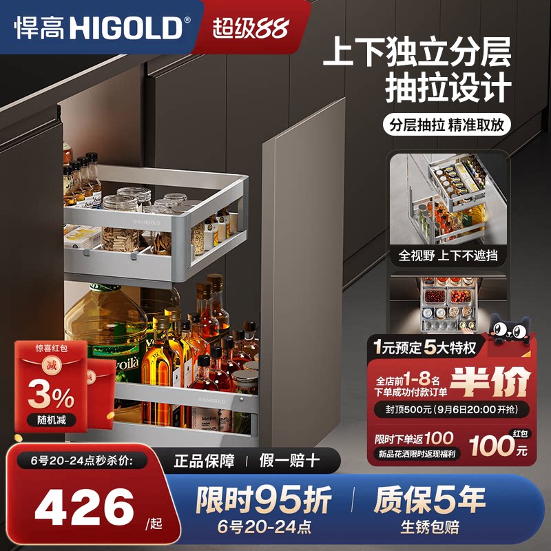 悍高不锈钢抽屉式双层调味料拉篮图片