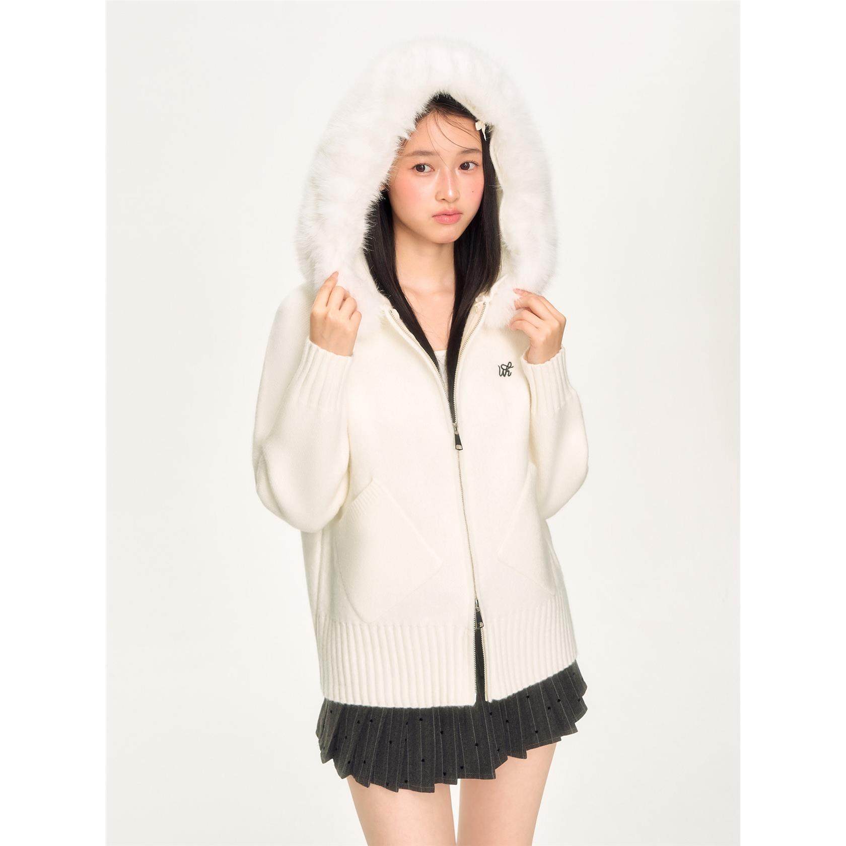 weekendhub软糯慵懒风连帽毛领针织衫女春秋新款休闲百搭毛衣外套