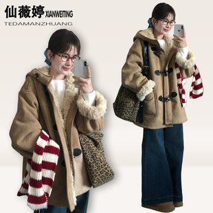 特大码女装复古牛角扣连帽棉服女胖mm秋冬加绒加厚显瘦不臃肿外套