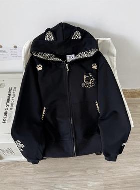 Nuneon美式覆古开衫拉炼外套豹纹恶魔秋冬宽松加绒连帽卫衣女情侣