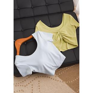 后背抽褶设计大U领短款 塑显瘦速T恤 瑜伽运动带胸垫短袖 Ayako