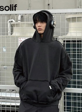 solif原创欧美简约男女同款经典纯棉连帽衫纯色落肩长袖卫衣