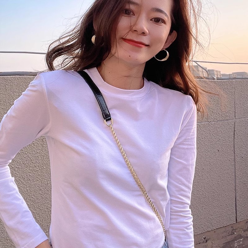 2023春款半高领打底衫女白色t恤修身长袖纯棉内搭紧复古秋冬上衣