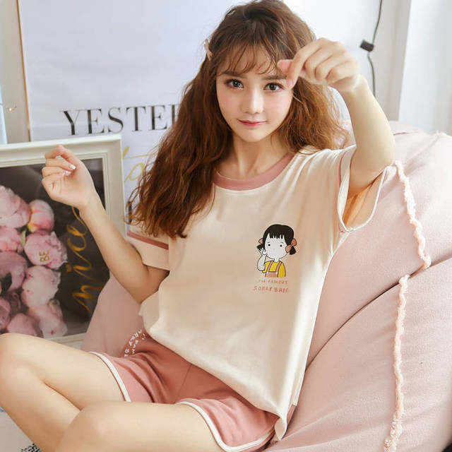 잠옷 세트 여성 여름 프린트 카와이 하라주쿠 루즈 심플