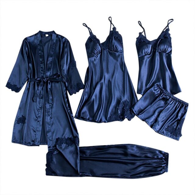 섹시한 잠옷 5피스 잠옷 수면 작전 가운 세트 실크 P