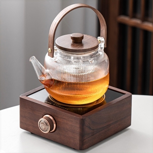 琨德家用围炉烤茶胡桃木小型电陶炉炉玻璃蒸茶器烧水壶煮茶壶电热