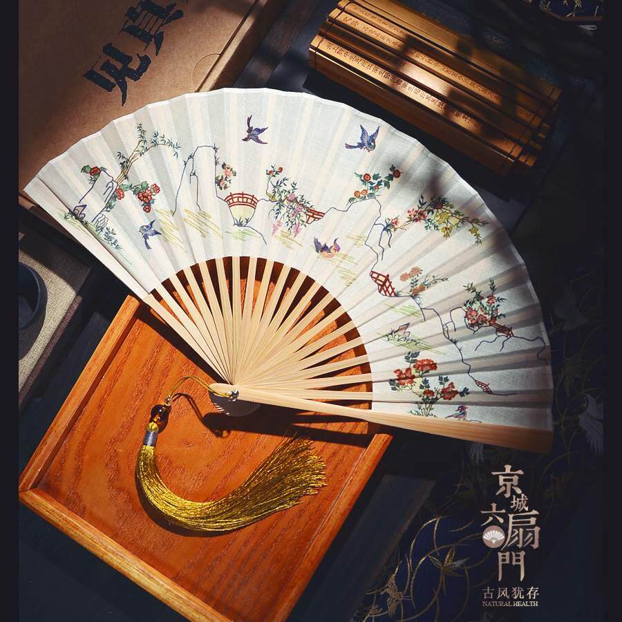 明制孔府花鸟裙折扇子8寸大复古风汉服折叠双面舞蹈扇中国风汉服
