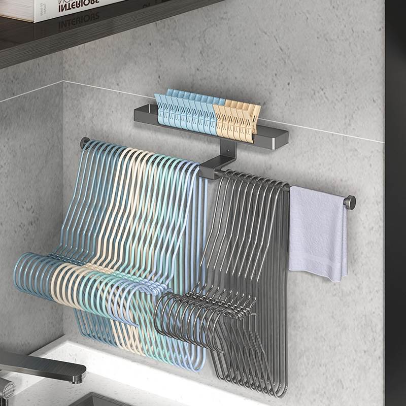 枪灰色晾衣架收纳神器阳台免打孔挂壁式家用整理架子多功能挂钩杆