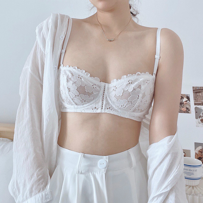 内衣女夏季超薄款蕾丝大胸显小软钢圈文胸半杯性感无海绵胸罩套装