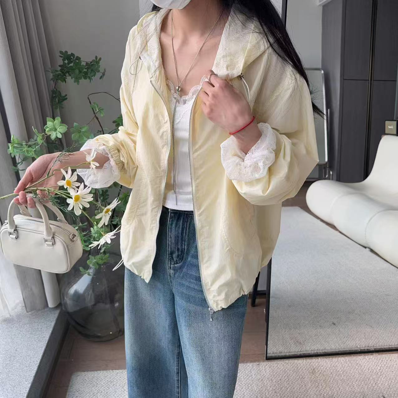 韩版宽松蕾丝拼接连帽短款外套25春新款时尚百搭显瘦防晒上衣女潮