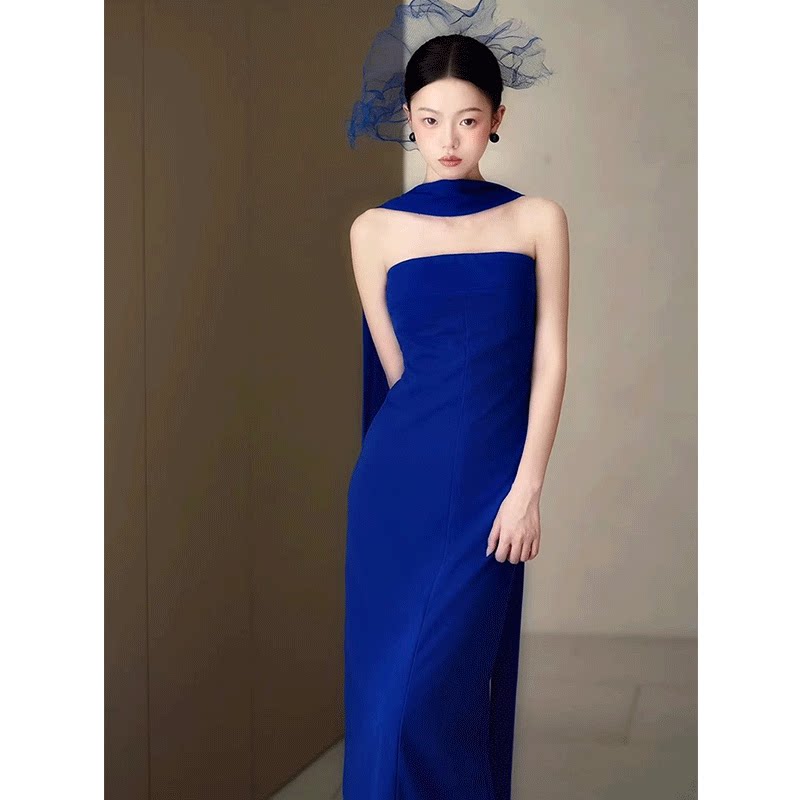 蓝色抹胸年会晚礼服女2025新款高级感主持人订婚名媛高端修身长款