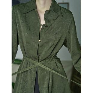 墨绿色新中式暗纹衬衫上衣系带收腰百搭轻奢高端精致