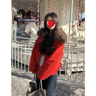 新款 小众设计感高级感红色大毛领棉服女冬季 休闲夹克外套