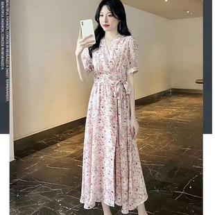 法式 碎花高级感海边度假系带长裙 一片裙V领连衣裙2025新款 夏季
