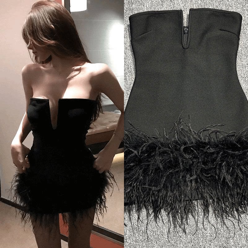 宴会派对连衣裙抹胸鸵鸟羽毛短款小众设计礼服